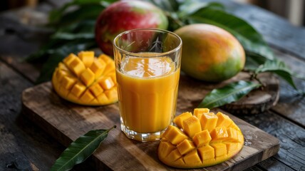 A glass of freshly squeezed mango juice surrounded by mangoes. An advertising photo with a place for the text.