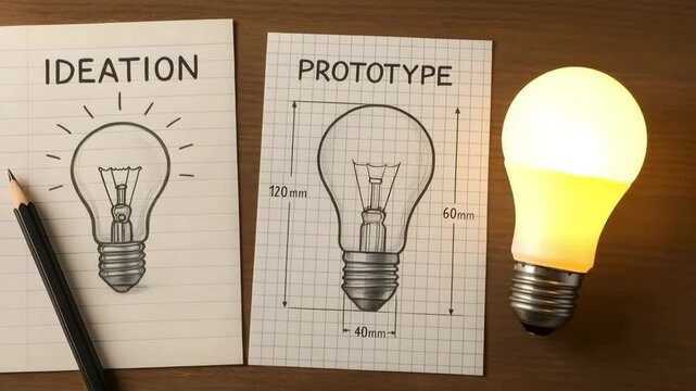 Sketch pages labeled ideation and prototype sit beside a glowing bulb on a desk. Concept of innovation process from idea sketch to tangible product.