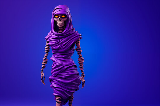 Mummy with purple bandages on a purple background, Halloween concept, spooky character, mystery and horror theme, illustration