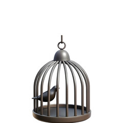 Small bird trapped inside a vintage metal cage isolated on transparent background