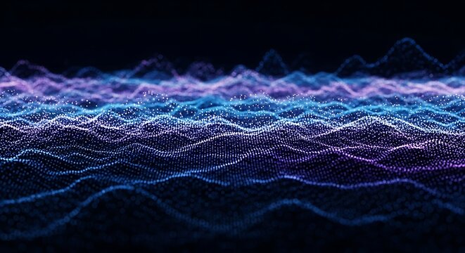 Abstract digital landscape with blue and purple dots forming a wavy surface on black