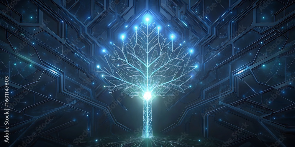 Aufkleber an abstract digital tree with bright blue lights and complex geometric circuitry patterns within a f