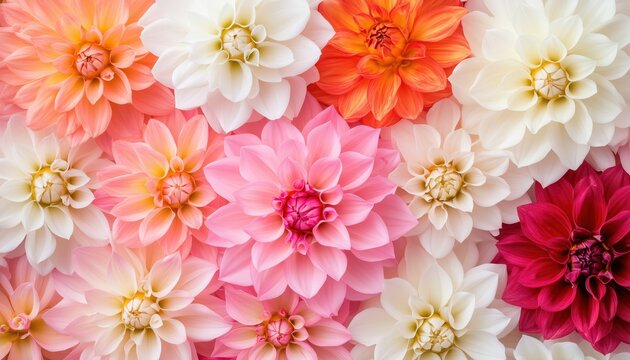 Vibrant Pink, Orange, And White Dahlia Flowers In Full Bloom: Stunning Dahlia Garden Flowers Perfect For Wallpaper Background. Gorgeous Blooming Dahlias.