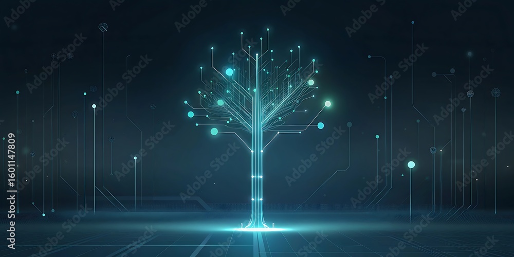 Poster a luminous digital tree with bright cyan lights and intricate connections standing in a futuristic d