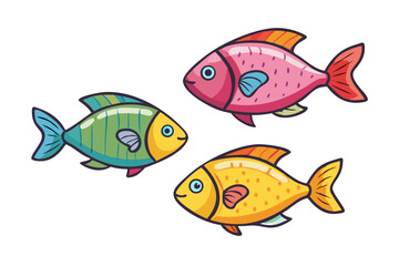 Three colorful cartoon fish swimming together on a black background