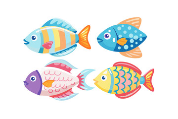 Fototapeta premium Four colorful cartoon fish swimming together on black background