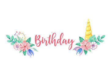 Happy birthday unicorn floral design with golden horn and pink text