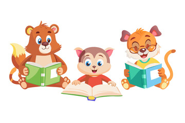Naklejka premium Three cute cartoon animals reading books together on a black background
