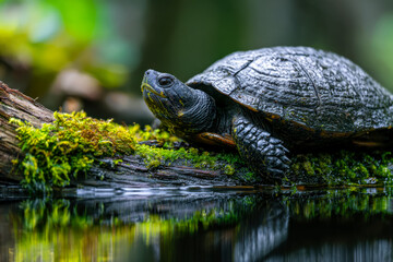 Adult turtle resting on a moss-covered log near water in a lush, green environment