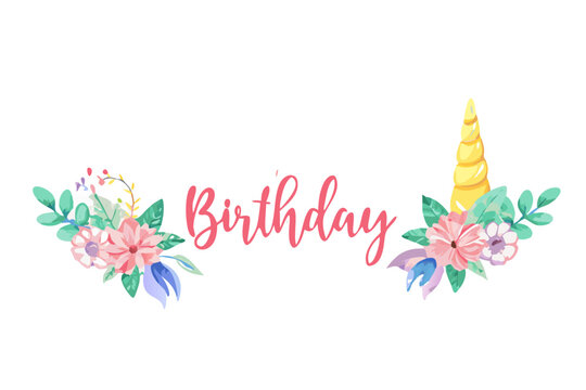 Happy birthday unicorn floral design with golden horn and pink text - Powered by Adobe