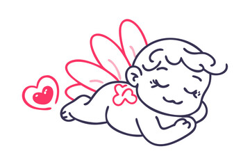 Fototapeta premium Cute cartoon cupid baby with wings and heart on black background