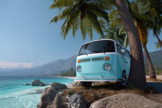 Vintage campervan parked on a tropical beach with palm trees. A nostalgic scenic view with a retro automobile. Adventure travel, carefree lifestyle, island escape. - Powered by Adobe