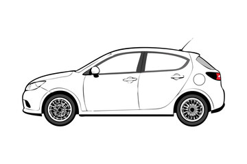 Obraz premium Side profile of a sleek black hatchback car against a black background