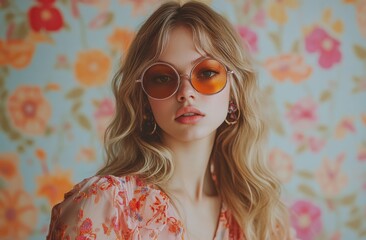 Vintage-Fashion-Porträt einer blonden Frau mit runder Sonnenbrille und floralem Hintergrund