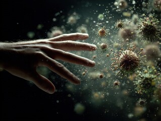 Dramatic hand & viruses; dark, abstract. Ideal for medical, science, health, and risk-related projects.