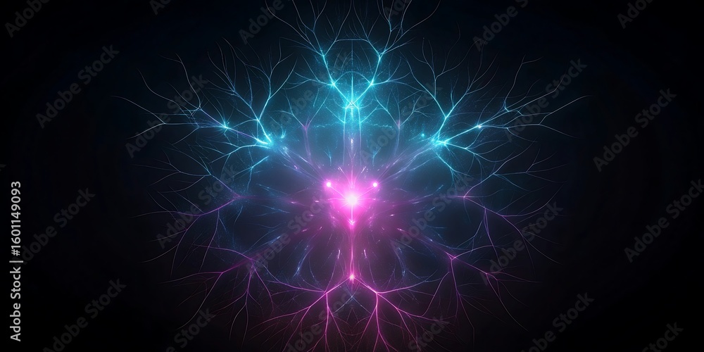 Poster an abstract representation of a neural network or digital tree with glowing blue and pink light patt