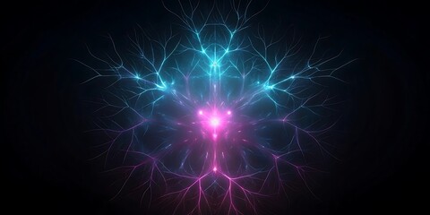 Obraz premium An abstract representation of a neural network or digital tree with glowing blue and pink light patterns radiating from a bright central.