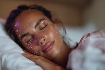 Woman sleeping peacefully in bed with technology overlay. A close-up studio shot conveys serenity and restfulness. Futuristic sleep, connected lifestyle, modern wellness.