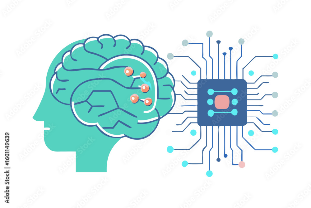 Poster human brain connected to advanced computer chip illustrating artificial intelligence