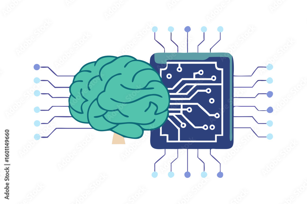 Poster artificial intelligence brain connected to a computer chip with circuits