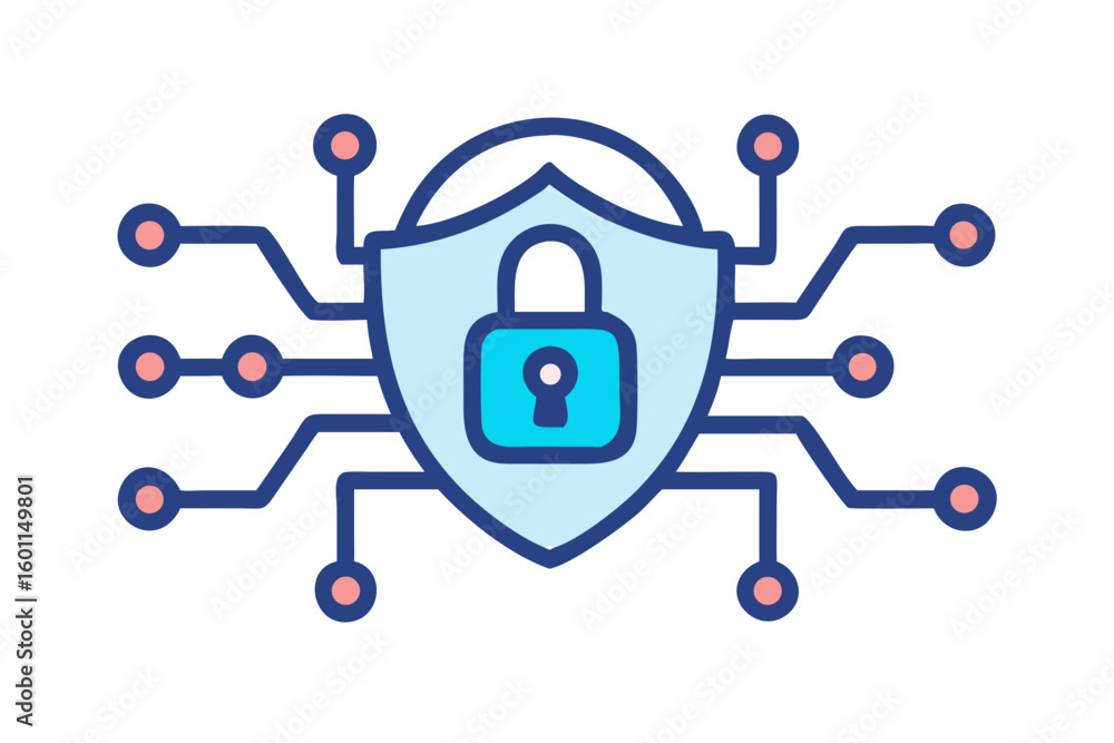 Poster digital security shield with padlock and network connections