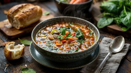 Lentil and vegetable soup. The soup is topped with fresh herbs and drizzled with olive oil. Next to it is a wooden spoon and fresh bread with a crispy crust.