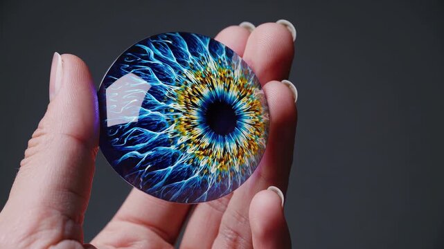 Synthetic iris with electric blue and gold pattern held by human hand, showcasing innovative ocular design against minimalist gray studio background