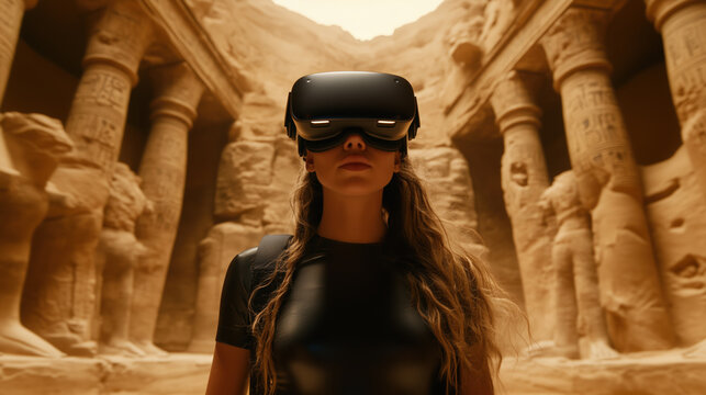 Woman with VR headset exploring ancient temple ruins. An immersive experience of exploration and history. Future technology, virtual tourism, archaeological site. - Powered by Adobe