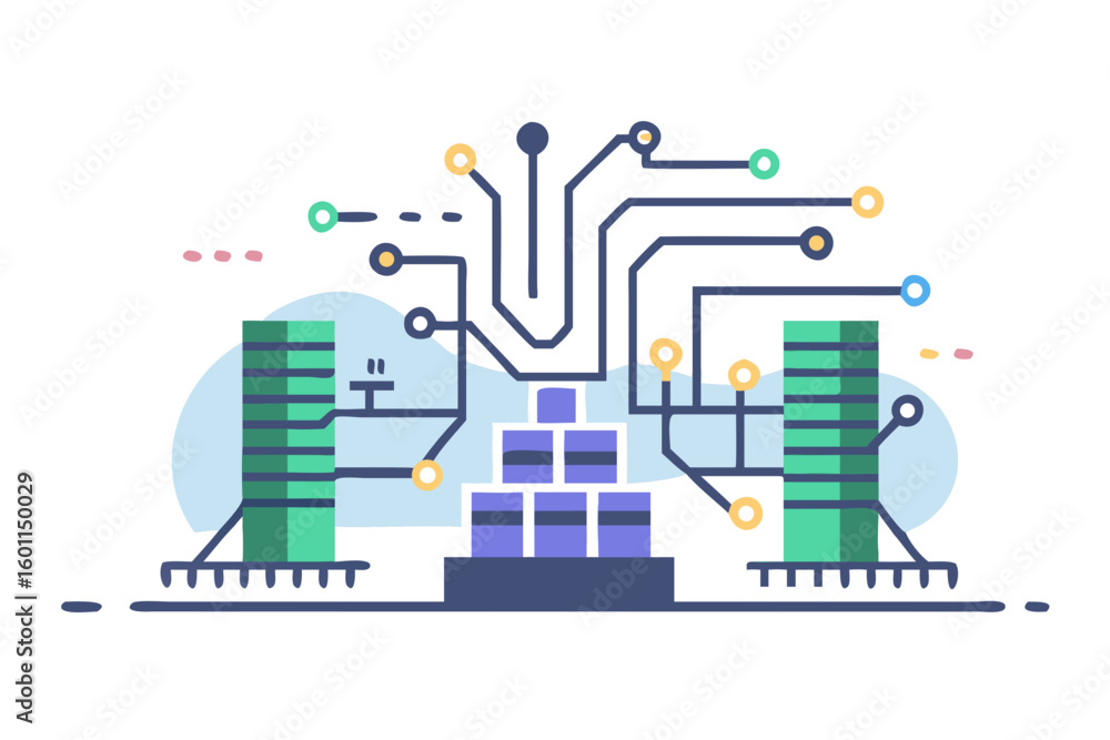 Poster abstract digital network connecting data servers and processing units
