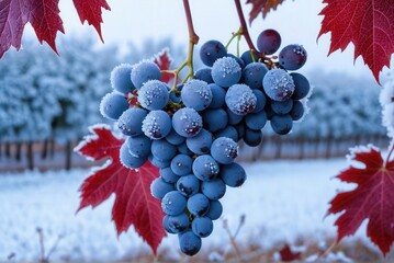 Delicate white frost crystals coat a cluster of dark purple grapes and the few remaining deep red leaves on the vine. Grapevine, vineyard in winter, vine offers a striking seasonal view.