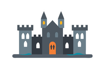 Obraz premium Stylized illustration of a dark medieval castle with towers and orange door