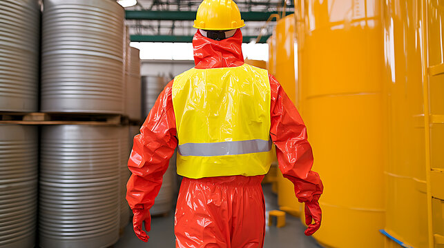 Industrial worker in protective gear in a warehouse. Safety is key when handling potentially hazardous materials. Storage drums on warehouse floor.