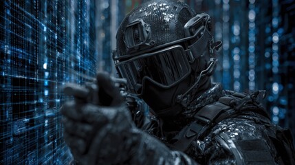 Cybersecurity soldier, futuristic, dark atmosphere. Ideal for tech, security, and military projects.