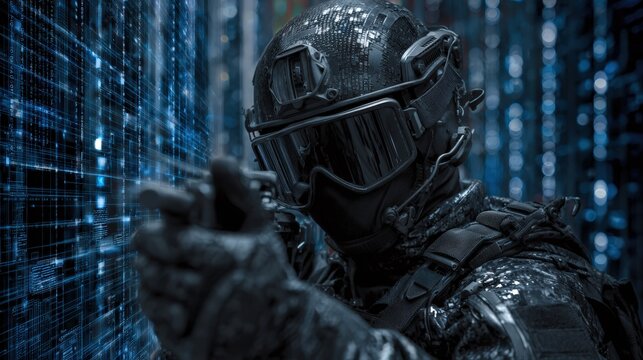 Cybersecurity soldier, futuristic, dark atmosphere. Ideal for tech, security, and military projects. - Powered by Adobe