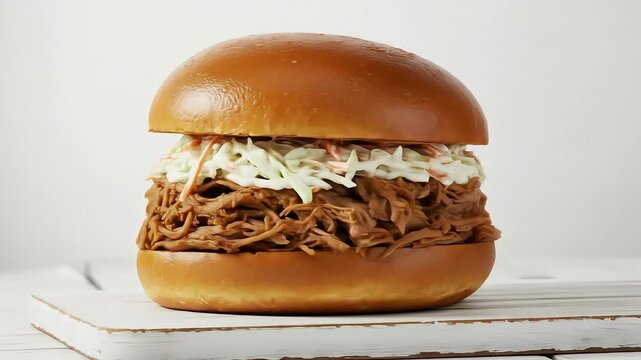 A toasted brioche bun filled with tender pulled pork and topped with creamy coleslaw. The sandwich is slightly open to show the layers, placed on a white wooden board with a white background