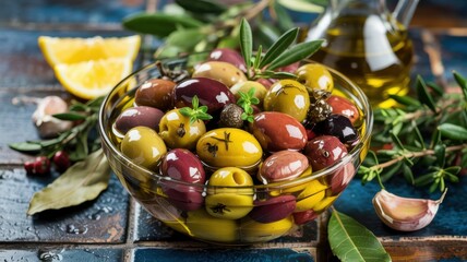 Pickled olives infused with herbs. Add the citrus zest, garlic cloves, bay leaf and fresh herbs to the olives. Everything is sprinkled with fresh herbs and drizzled with olive oil.