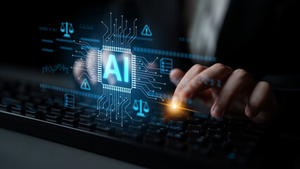 AI circuit microchip with glowing blue lines, surrounded by legal scales, warning symbols, data sheets, and binary codes, representing ethical AI, AI governance, and data integrity Latch