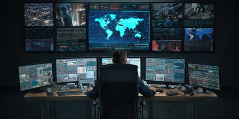 Futuristic control room, global network data, stylish dark atmosphere. Ideal for tech, finance, security projects.