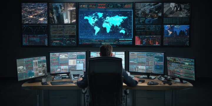Futuristic control room, global network data, stylish dark atmosphere. Ideal for tech, finance, security projects. - Powered by Adobe