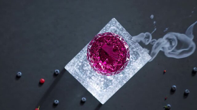 Luxurious purple berry elixir in a faceted glass sits on a block of ice, releasing elegant white smoke, surrounded by scattered berries on a dark background