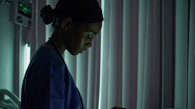 Medical professional monitoring patient vitals on tablet during intense night shift, displaying focused dedication in dimly lit hospital room. nurse's concert in dramatic tones