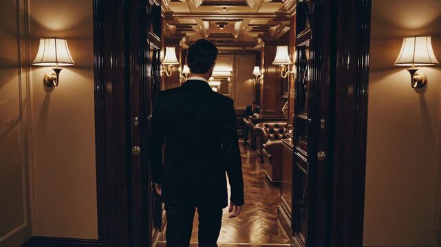 Elegant businessman in a suit walks through the doorway of a luxurious club, his back to the camera, as he enters a dimly lit hallway with leather armchairs and wall lamps