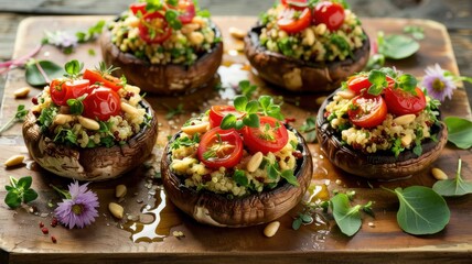 Portobello mushrooms stuffed with quinoa: portobello mushroom caps with a mixture of quinoa and herbs and sprinkled with fried cherry tomatoes and pine nuts. 