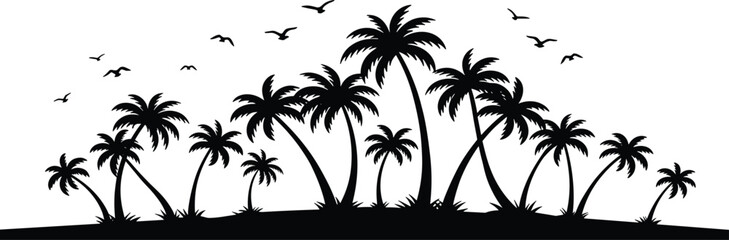 Tropical island silhouette, palm trees, flying birds, nature scene, peaceful illustration, black white contrast, outdoorTropical island silhouette, palm trees, flying birds, nature scene © Bokul Creatives