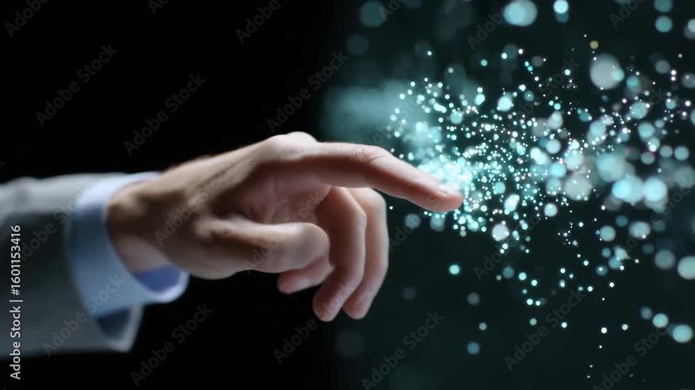 Poster hand finger touch digital technology glowing particle abstract futuristic innovation gently interact