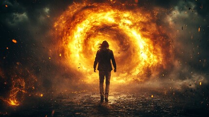 Person walking towards a fiery vortex.