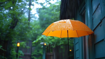 An orange umbrella in the rain.