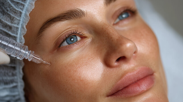 Woman receiving beauty injection for facial rejuvenation. A close up studio shot showing care and precision. Anti-aging treatment, professional skincare, aesthetic procedure.