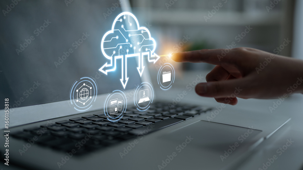 Poster cloud computing enables digital growth with secure data storage, scalable infrastructure, and strate