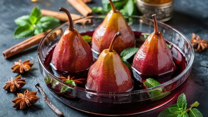Poached pears in red wine: Pears on a serving plate with a rich wine-colored syrup. The pears are decorated with vanilla pods and cinnamon sticks. To decorate, add star anise and fresh mint leaves.
